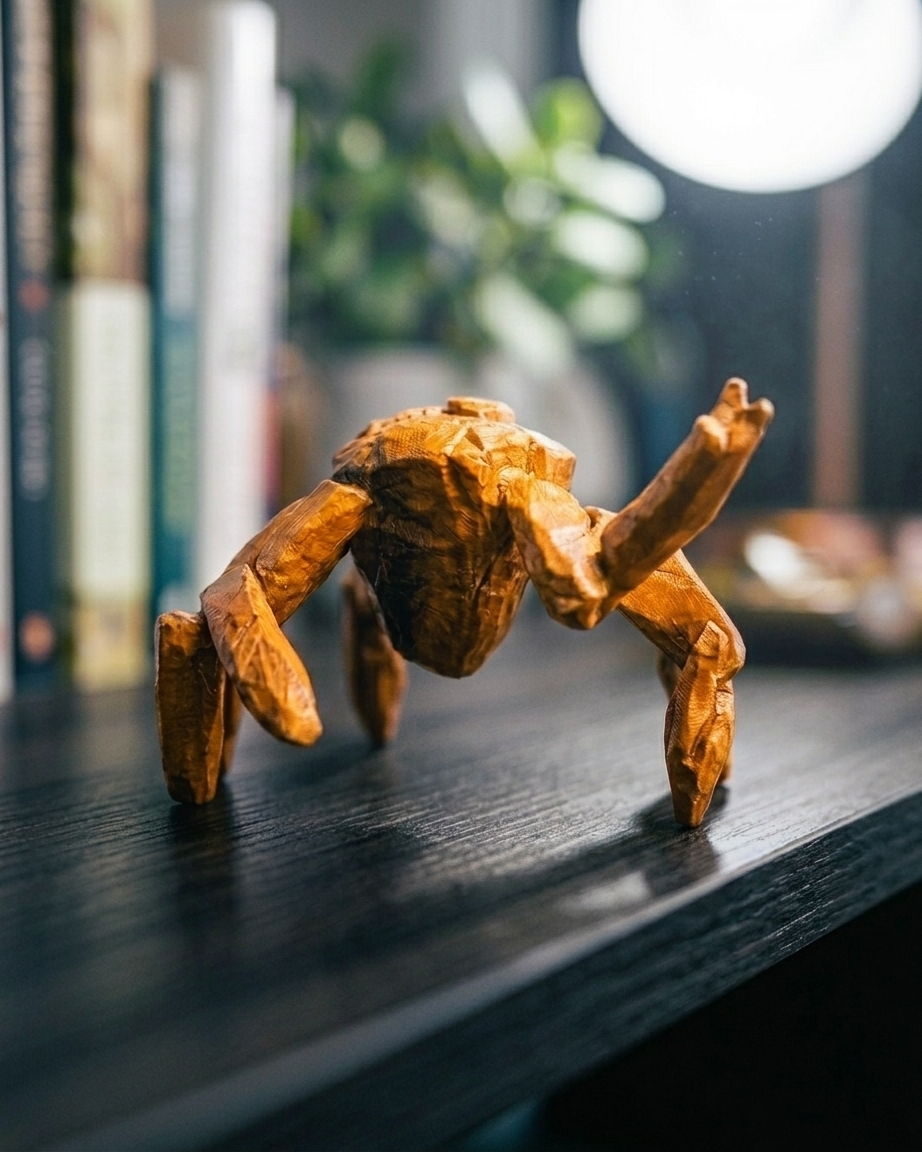 Wooden crab figurine on a dark surface with books and plants in the background